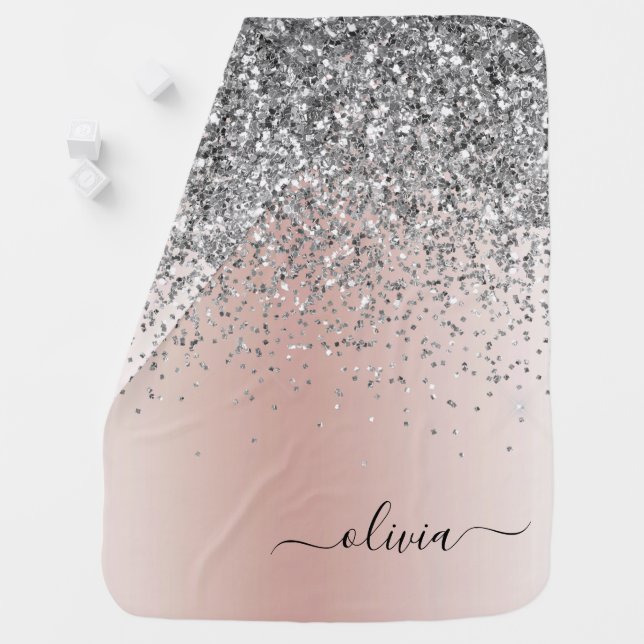 Rose Gold - Blush Pink Silver Glitter Monogram Baby Blanket (In Situ)