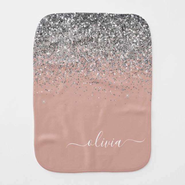 Rose Gold Blush Pink Silver Glitter Monogram Baby Burp Cloth (Front)