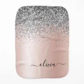 Rose Gold - Blush Pink Silver Glitter Monogram Baby Burp Cloth