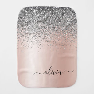 Rose Gold - Blush Pink Silver Glitter Monogram Baby Burp Cloth