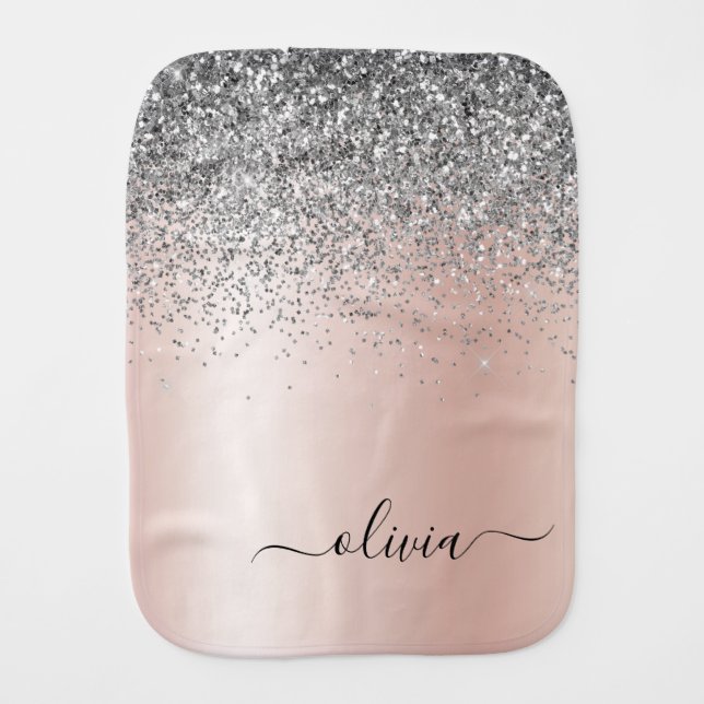 Rose Gold - Blush Pink Silver Glitter Monogram Baby Burp Cloth (Front)
