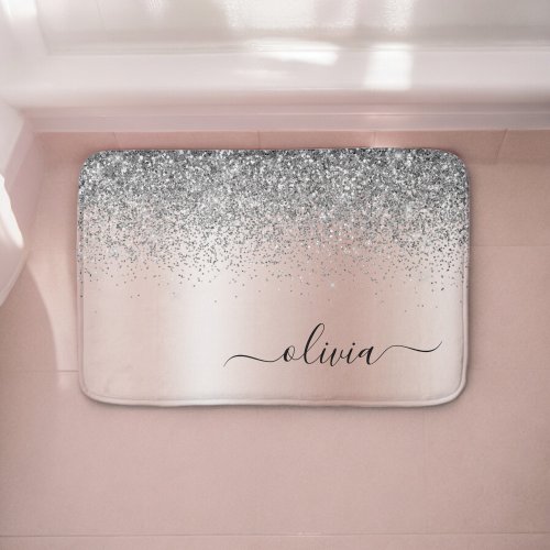 Rose Gold _ Blush Pink Silver Glitter Monogram Bath Mat