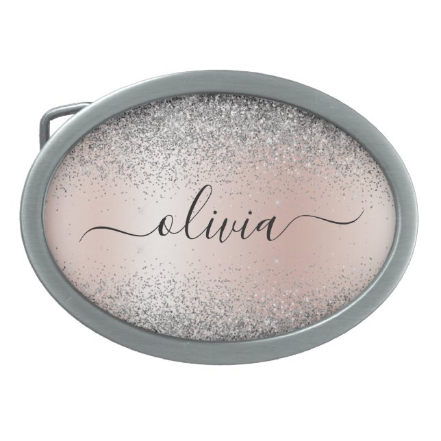 Rose Gold - Blush Pink Silver Glitter Monogram Belt Buckle (Front)