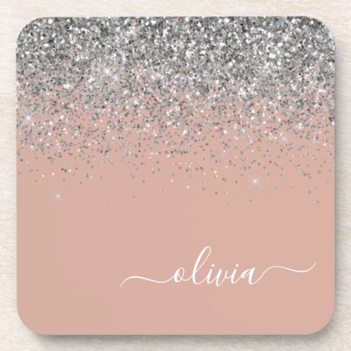 Rose Gold Blush Pink Silver Glitter Monogram Beverage Coaster