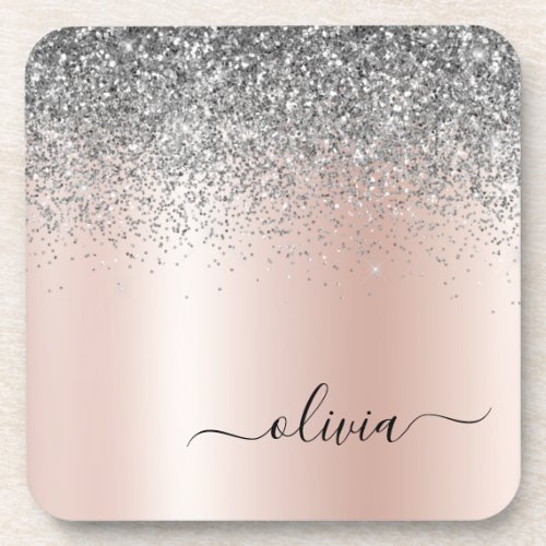 Rose Gold _ Blush Pink Silver Glitter Monogram Beverage Coaster