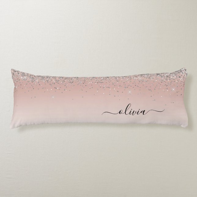 Rose Gold - Blush Pink Silver Glitter Monogram Body Pillow (Front)