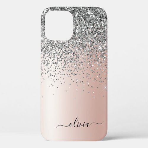 Rose Gold _ Blush Pink Silver Glitter Monogram iPhone 12 Case