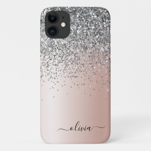 Rose Gold _ Blush Pink Silver Glitter Monogram iPhone 11 Case