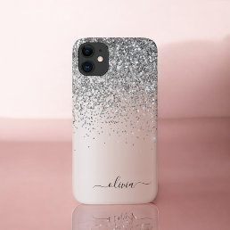 Rose Gold - Blush Pink Silver Glitter Monogram iPhone 11 Case