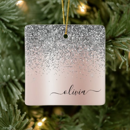 Rose Gold _ Blush Pink Silver Glitter Monogram Ceramic Ornament