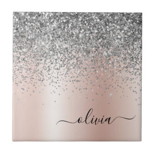 Rose Gold - Blush Pink Silver Glitter Monogram Ceramic Tile