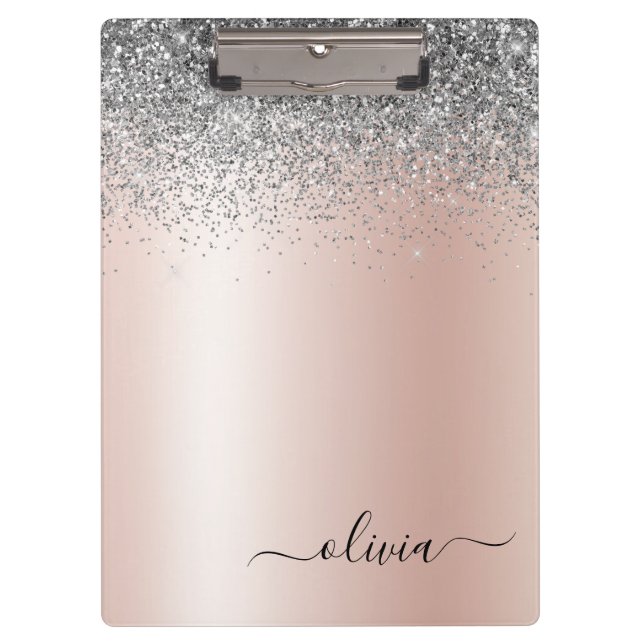 Rose Gold - Blush Pink Silver Glitter Monogram Clipboard (Front)