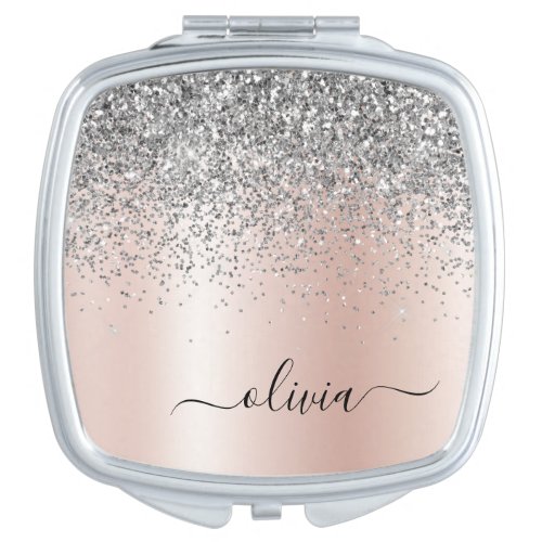 Rose Gold _ Blush Pink Silver Glitter Monogram Compact Mirror