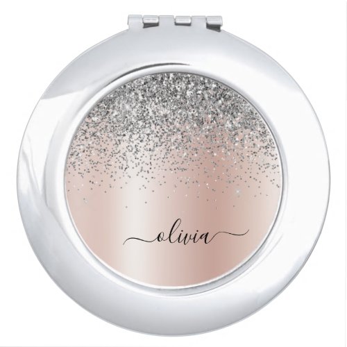 Rose Gold _ Blush Pink Silver Glitter Monogram Compact Mirror