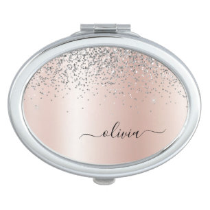 Rose Gold - Blush Pink Silver Glitter Monogram Compact Mirror