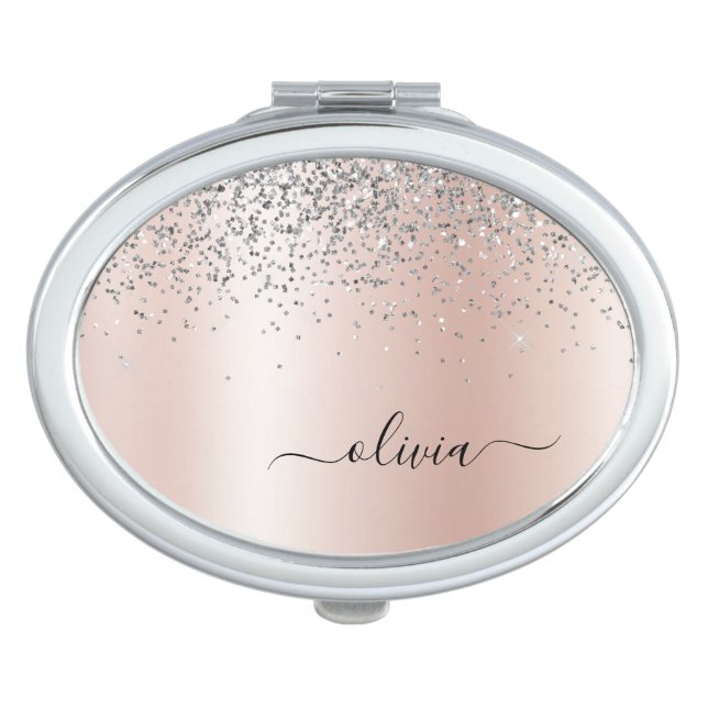 Rose Gold - Blush Pink Silver Glitter Monogram Compact Mirror (Front)