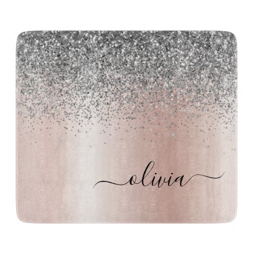 Rose Gold _ Blush Pink Silver Glitter Monogram Cutting Board