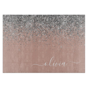 Rose Gold Blush Pink Silver Glitter Monogram Cutting Board