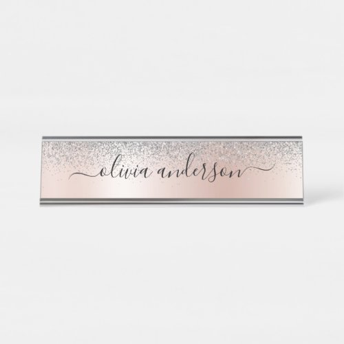 Rose Gold _ Blush Pink Silver Glitter Monogram Desk Name Plate
