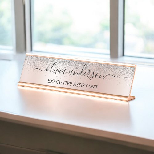 Rose Gold _ Blush Pink Silver Glitter Monogram Desk Name Plate