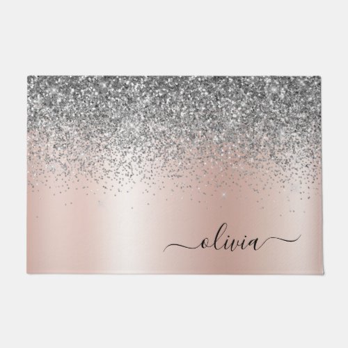 Rose Gold _ Blush Pink Silver Glitter Monogram Doormat