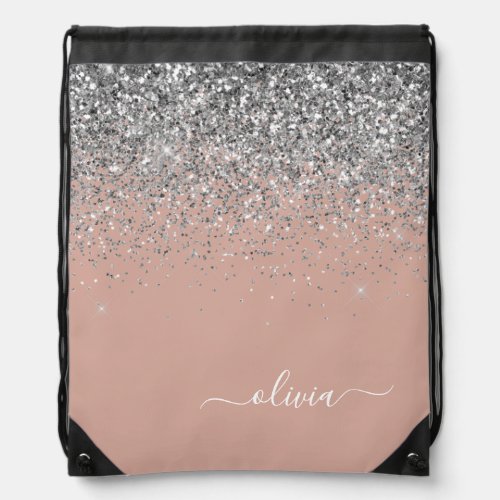 Rose Gold Blush Pink Silver Glitter Monogram Drawstring Bag