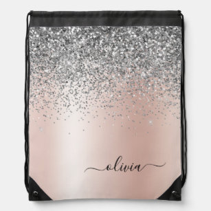 Rose Gold - Blush Pink Silver Glitter Monogram Drawstring Bag