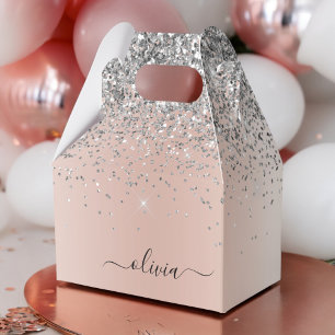 Rose Gold - Blush Pink Silver Glitter Monogram Favor Boxes