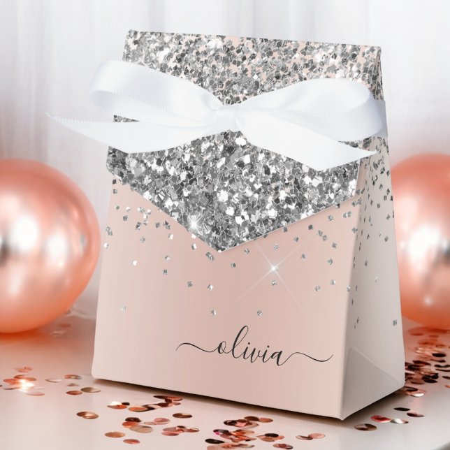 Rose Gold - Blush Pink Silver Glitter Monogram Favor Boxes (Creator Uploaded)