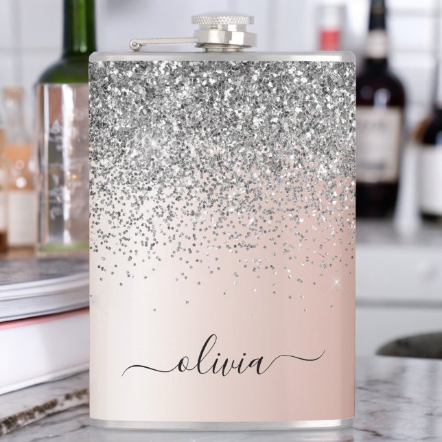 Rose Gold - Blush Pink Silver Glitter Monogram Flask (Creator Uploaded)