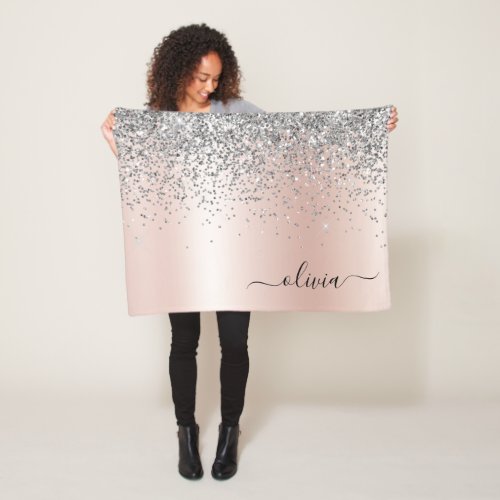 Rose Gold _ Blush Pink Silver Glitter Monogram Fleece Blanket