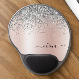 Rose Gold - Blush Pink Silver Glitter Monogram Gel Mouse Pad