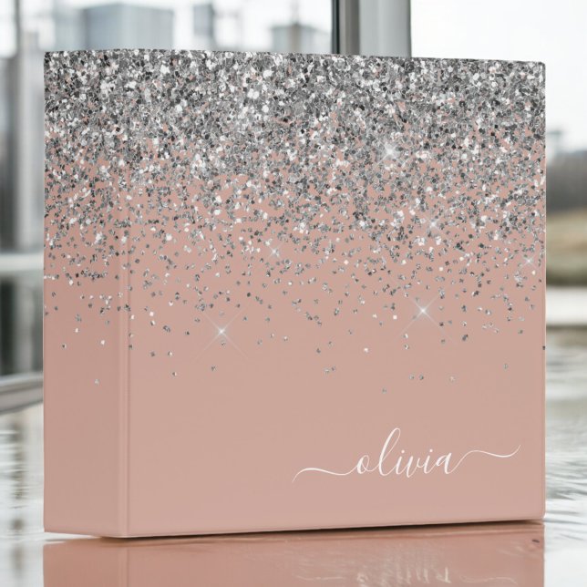 Rose Gold Blush Pink Silver Glitter Monogram Girly 3 Ring Binder (Creator Uploaded)