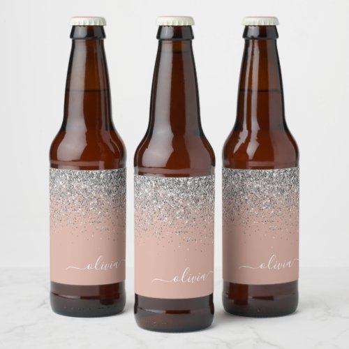 Rose Gold Blush Pink Silver Glitter Monogram Girly Beer Bottle Label