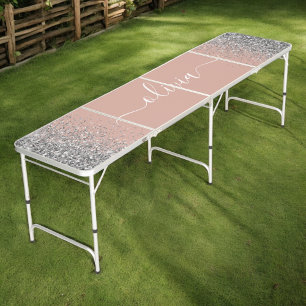 Rose Gold Blush Pink Silver Glitter Monogram Girly Beer Pong Table