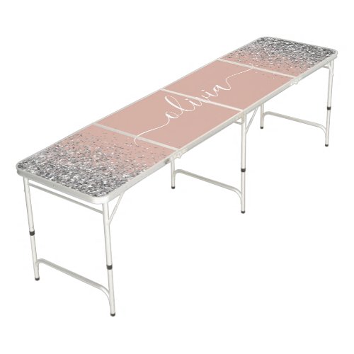 Rose Gold Blush Pink Silver Glitter Monogram Girly Beer Pong Table