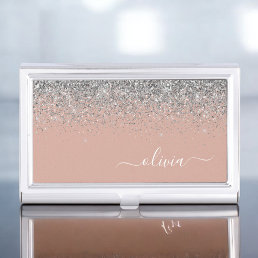 Rose Gold Blush Pink Silver Glitter Monogram Girly Business Card Case