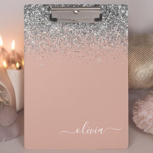 Rose Gold Blush Pink Silver Glitter Monogram Girly Clipboard