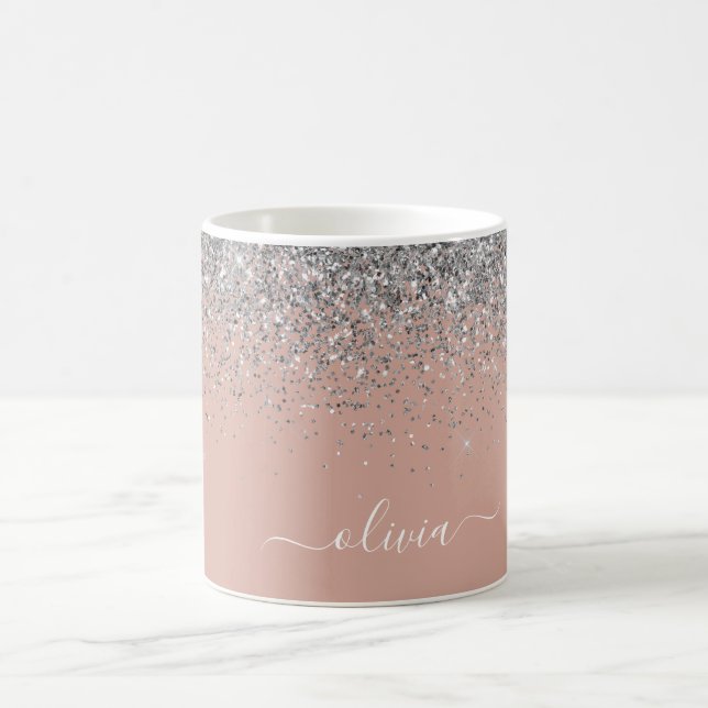Rose Gold Blush Pink Silver Glitter Monogram Girly Coffee Mug (Center)