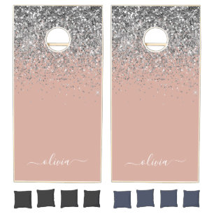 Rose Gold Blush Pink Silver Glitter Monogram Girly Cornhole Set