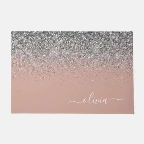 Rose Gold Blush Pink Silver Glitter Monogram Girly Doormat