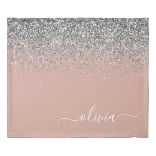 Rose Gold Blush Pink Silver Glitter Monogram Girly Duvet Cover