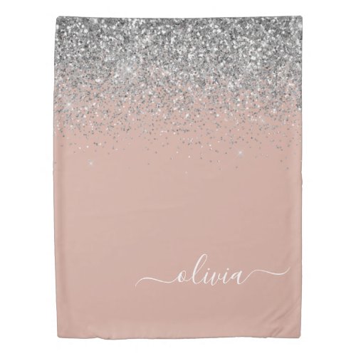 Rose Gold Blush Pink Silver Glitter Monogram Girly Duvet Cover
