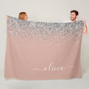 Rose Gold Blush Pink Silver Glitter Monogram Girly Fleece Blanket