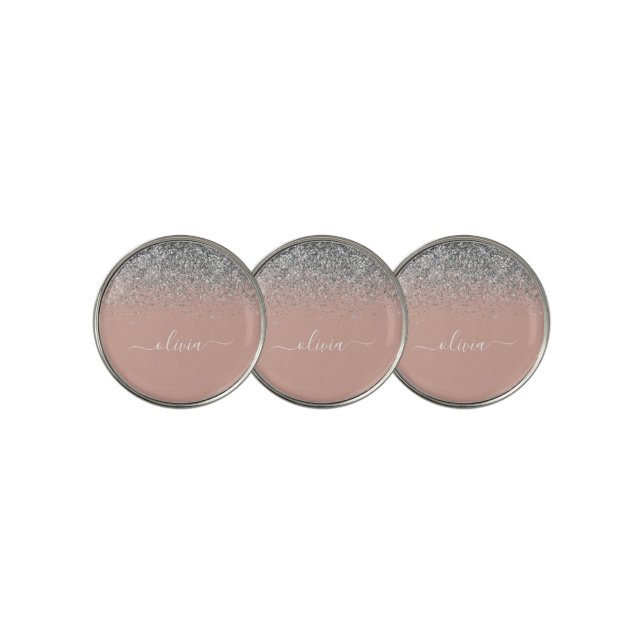 Rose Gold Blush Pink Silver Glitter Monogram Girly Golf Ball Marker (3 Up)