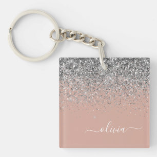 Rose Gold Blush Pink Silver Glitter Monogram Girly Keychain