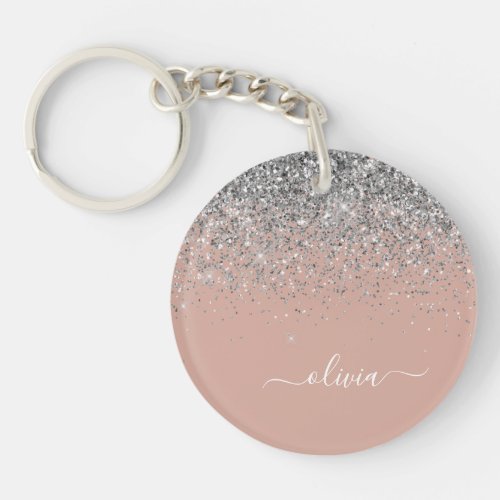 Rose Gold Blush Pink Silver Glitter Monogram Girly Keychain