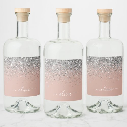 Rose Gold Blush Pink Silver Glitter Monogram Girly Liquor Bottle Label