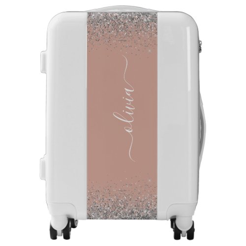 Rose Gold Blush Pink Silver Glitter Monogram Girly Luggage