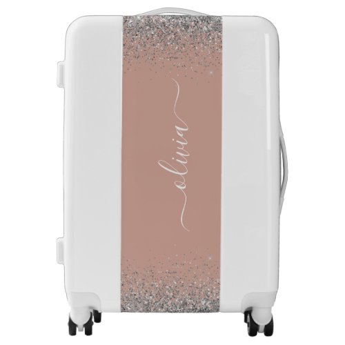 Rose Gold Blush Pink Silver Glitter Monogram Girly Luggage